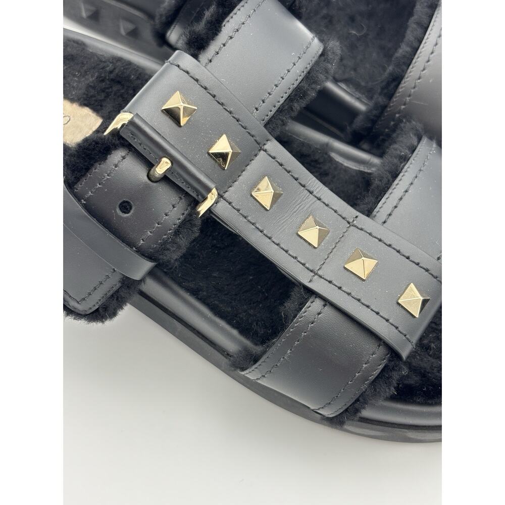 Authentic Valentino Rockstud Fur Lined Slides Dad Sandals Black Leather Size 38 - Picture 9 of 14